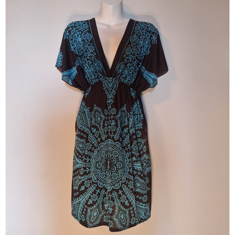Modern Kiwi Brown Turquoise Paisley Mandala V-Neck Empire Waist Mini Dress